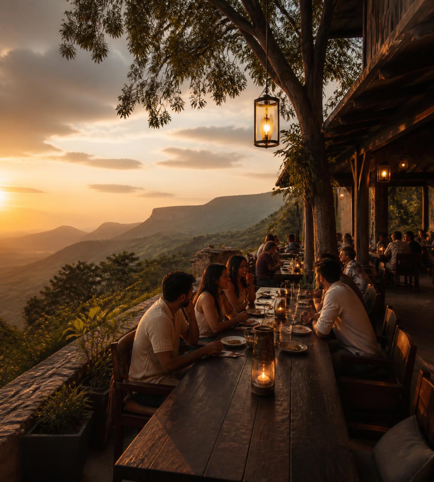Mountain-view open-air bar at golden hour